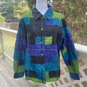 Patchwork‎ Blue Green Frayed Jacket 1X Boho Art to Wear Gypsy Unique Color Block